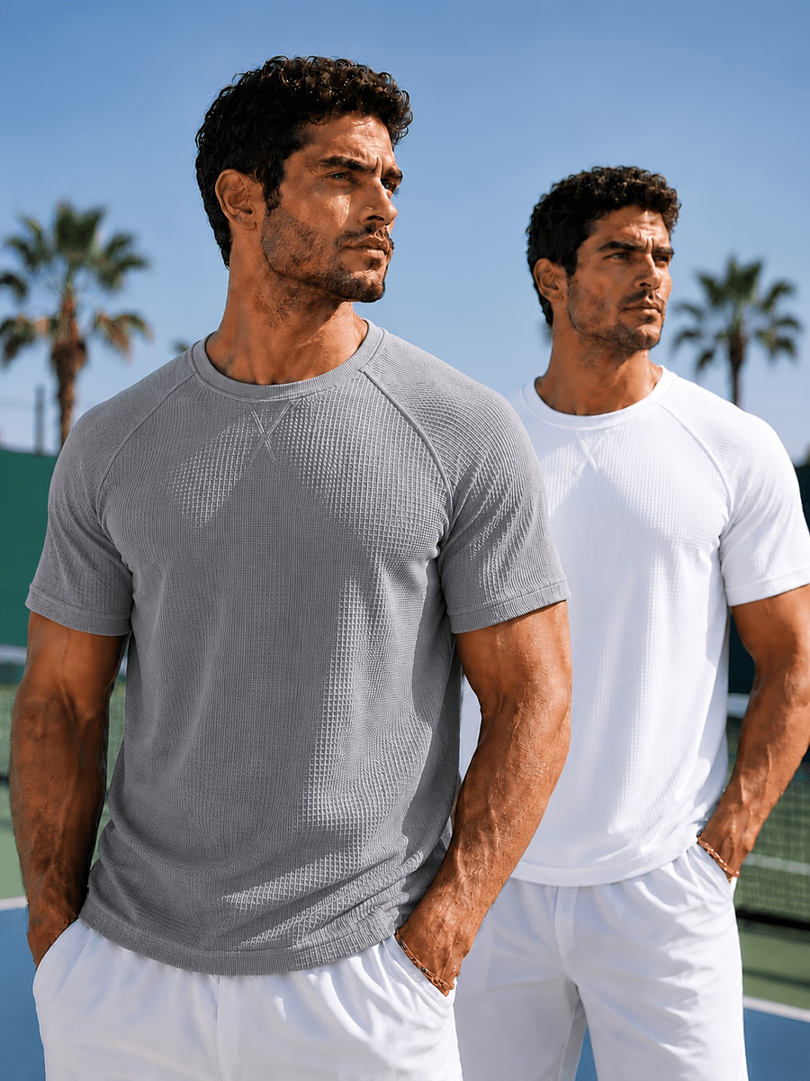 Men'S 2-pc Premium Textured T-Shirts, Casual Short Sleeve Waffle Knit And Jacquard Crew Neck Tees, Lightweight Solid Athletic Summer Tops, Breathable Workout Everyday Fashion Shirts for Men - Grey+White