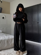 Women's Khaki Fluffy Casual Loose Double-Sided Set "Wilderness - Black