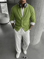 2026 Spring/Autumn New Men'S Solid Color Knit Cardigan, Casual Versatile Trendy Slimming Long Sleeve Temperament Lightly Mature Style Outerwear Top - Green