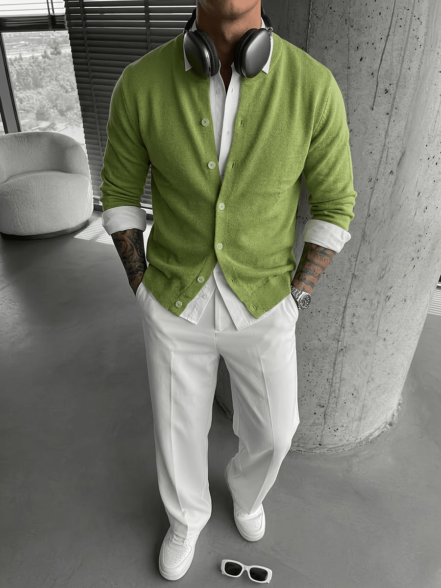 2026 Spring/Autumn New Men'S Solid Color Knit Cardigan, Casual Versatile Trendy Slimming Long Sleeve Temperament Lightly Mature Style Outerwear Top - Green