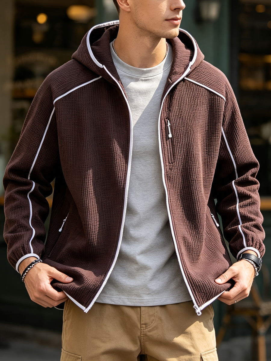 2026 New Men's Waffle Knit Textured Sport Jacket, Spring/Autumn Lightweight Hooded Outerwear, Suitable for Sports & Fitness, Outdoor Activities, Daily Home Wear, and Casual Outings - Dark Brown