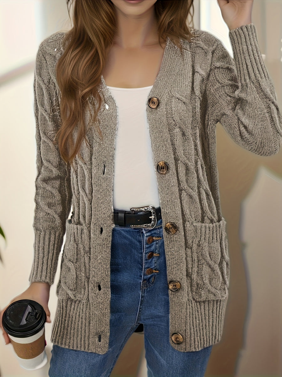 Solid Long Sleeve Cable Cardigan Women'S - Khaki