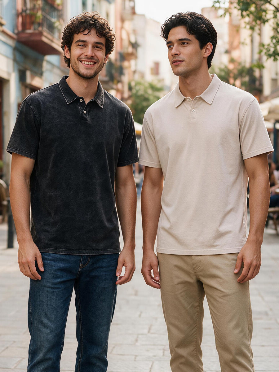 Two-pc More Cost-Effective Heavyweight Combed Pure Vintage Washed Distressed Polo Shirt for Men, Loose Fit Casual Short Sleeve Lapel, Latin American Style Daily Versatile Button-Up Top, Business Casual Commuter Lapel T-Shirt - Black Apricot