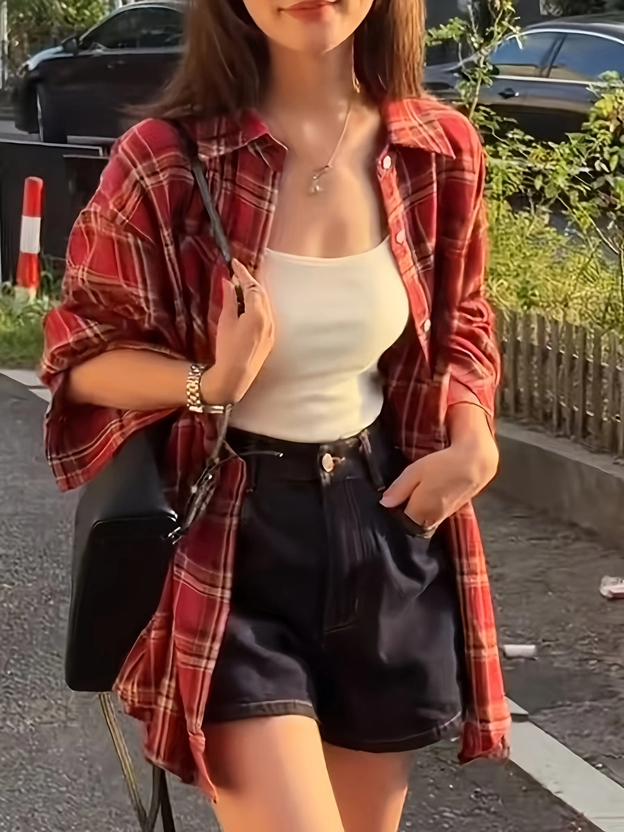 Women'S Shirt Multicolor Brushed Plaid Shirt Loose Top - Red