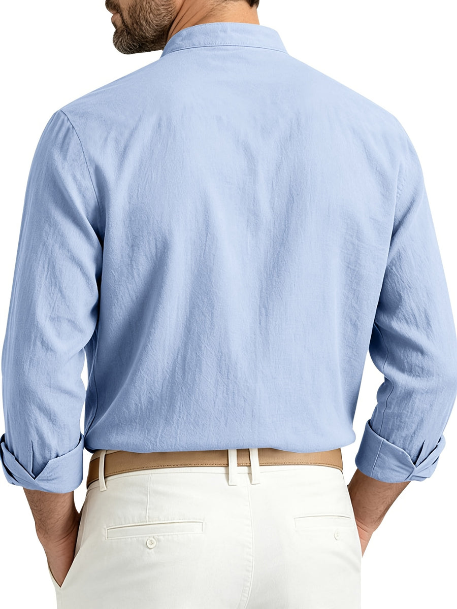 Men's Spring/Autumn Linen Loose-Fit Casual Simple Breathable Button-Front Roll-Up Sleeve Long-Sleeve Stand Collar Shirt - Light Blue