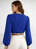Princess Sleeve Loose Top 2026 Summer New Arrival Women's Versatile Top, Hollow V-Neck Long Sleeve Women's Shirt, French-Style Vintage Puff Sleeve Blouse, Maillard Style Versatile Elegant Top, French-Style Vintage Style, Maillard Casual Style - Royal blue color