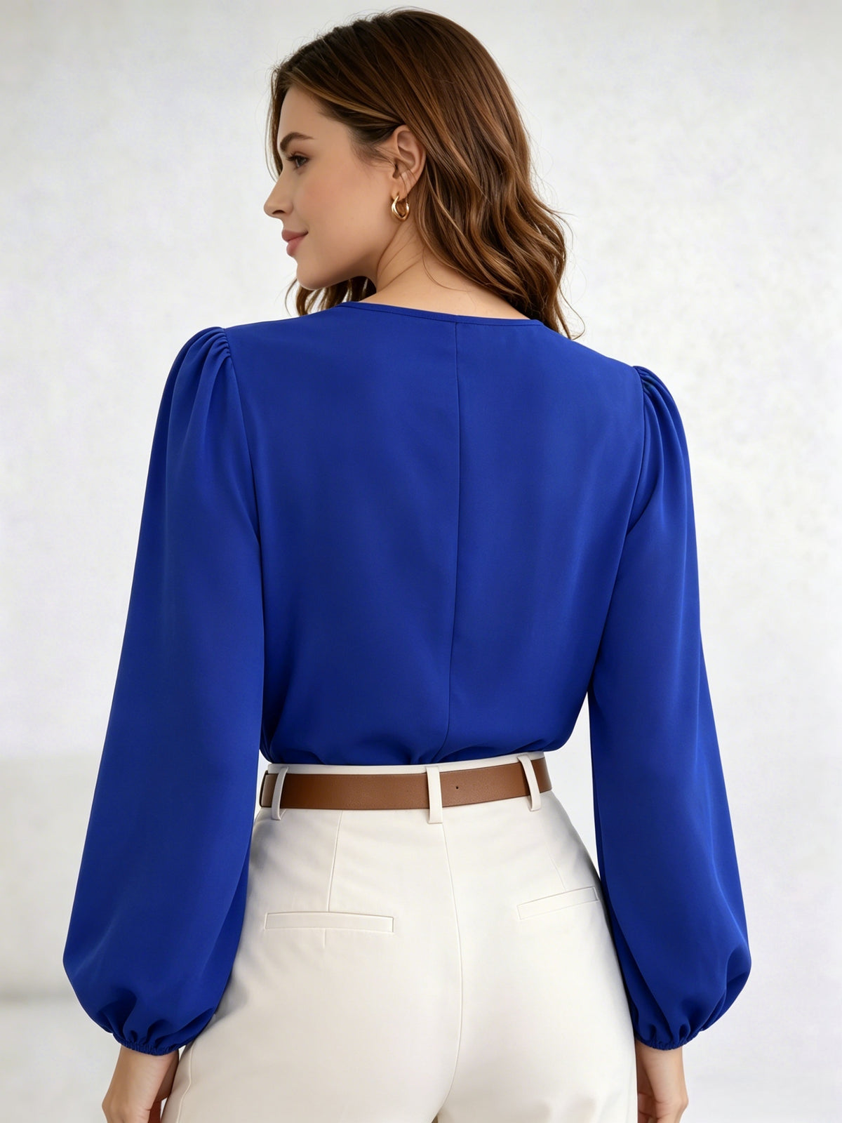 Princess Sleeve Loose Top 2026 Summer New Arrival Women's Versatile Top, Hollow V-Neck Long Sleeve Women's Shirt, French-Style Vintage Puff Sleeve Blouse, Maillard Style Versatile Elegant Top, French-Style Vintage Style, Maillard Casual Style - Royal blue color