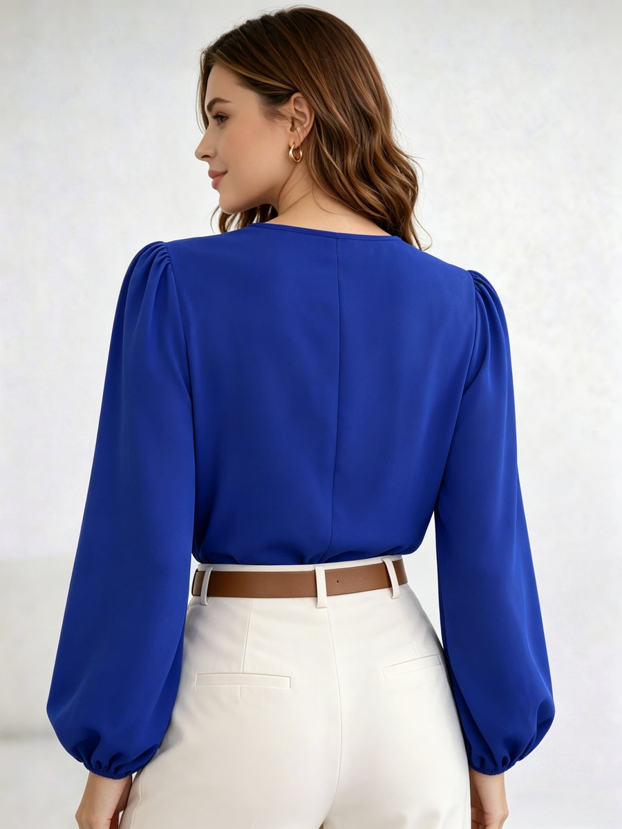 Princess Sleeve Loose Top 2026 Summer New Arrival Women's Versatile Top, Hollow V-Neck Long Sleeve Women's Shirt, French-Style Vintage Puff Sleeve Blouse, Maillard Style Versatile Elegant Top, French-Style Vintage Style, Maillard Casual Style - Royal blue color