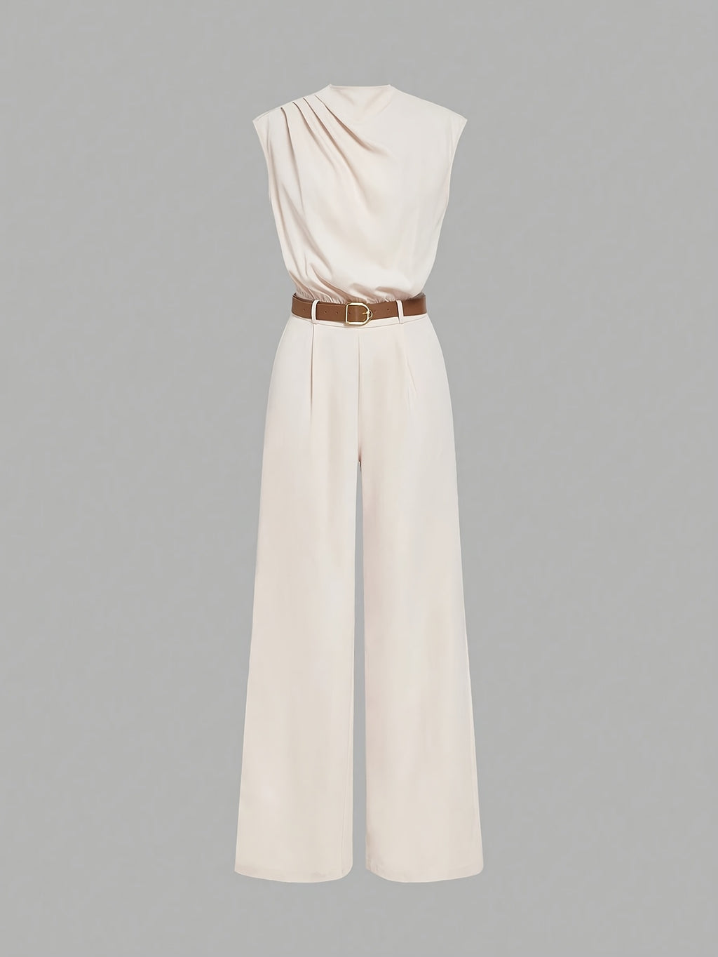 High Neck Solid Jumpsuit with Waist Belt - Apricot