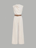 High Neck Solid Jumpsuit with Waist Belt - Apricot
