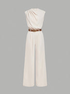 High Neck Solid Jumpsuit with Waist Belt - Apricot