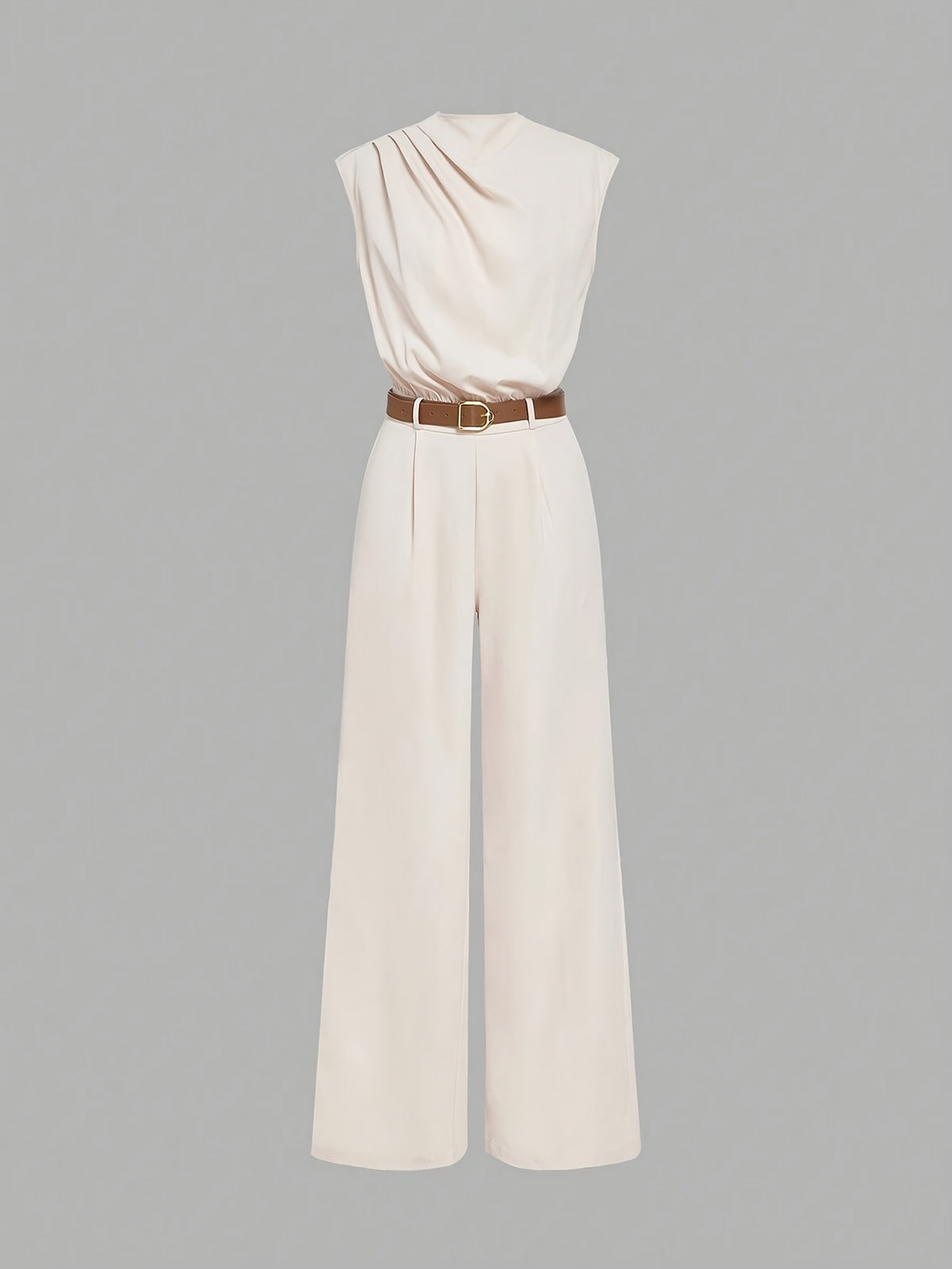 High Neck Solid Jumpsuit with Waist Belt - Apricot