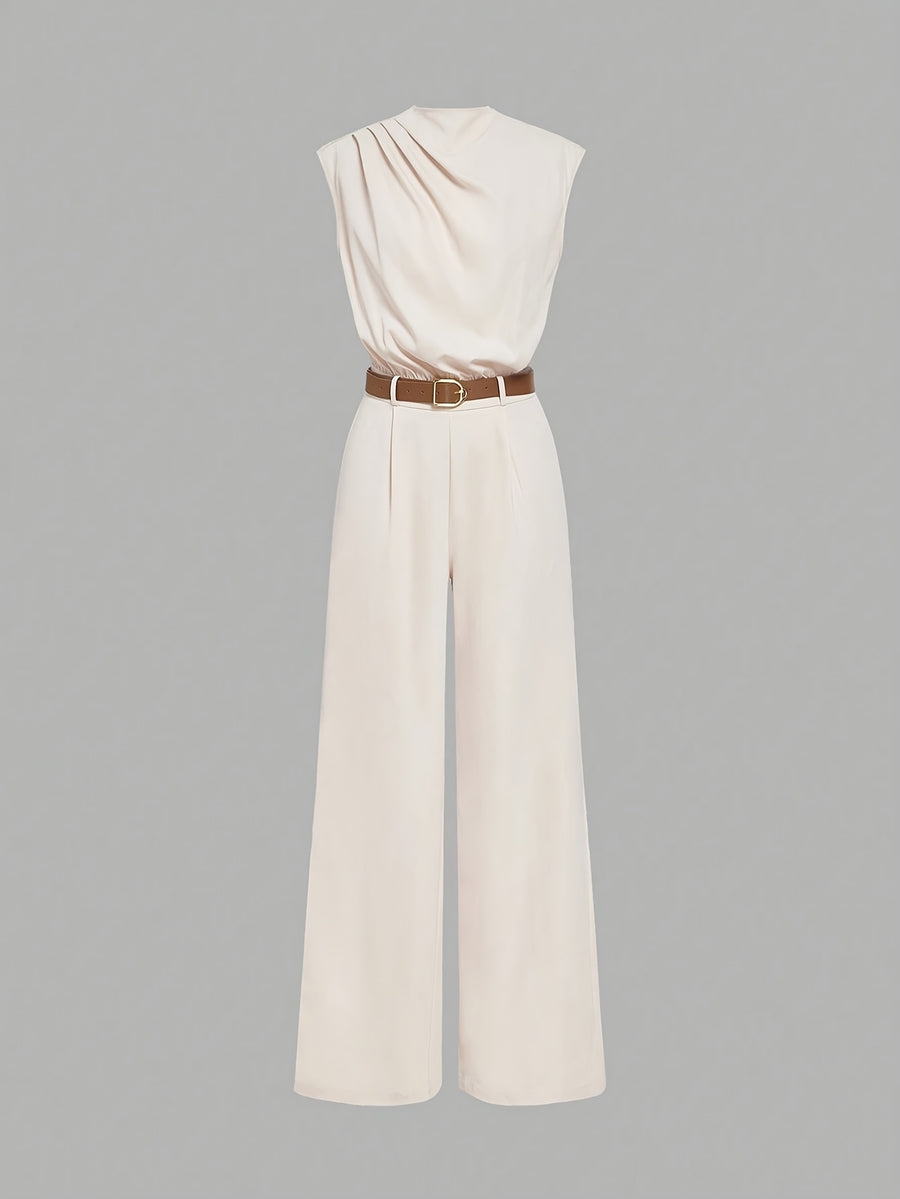 High Neck Solid Jumpsuit with Waist Belt - Apricot