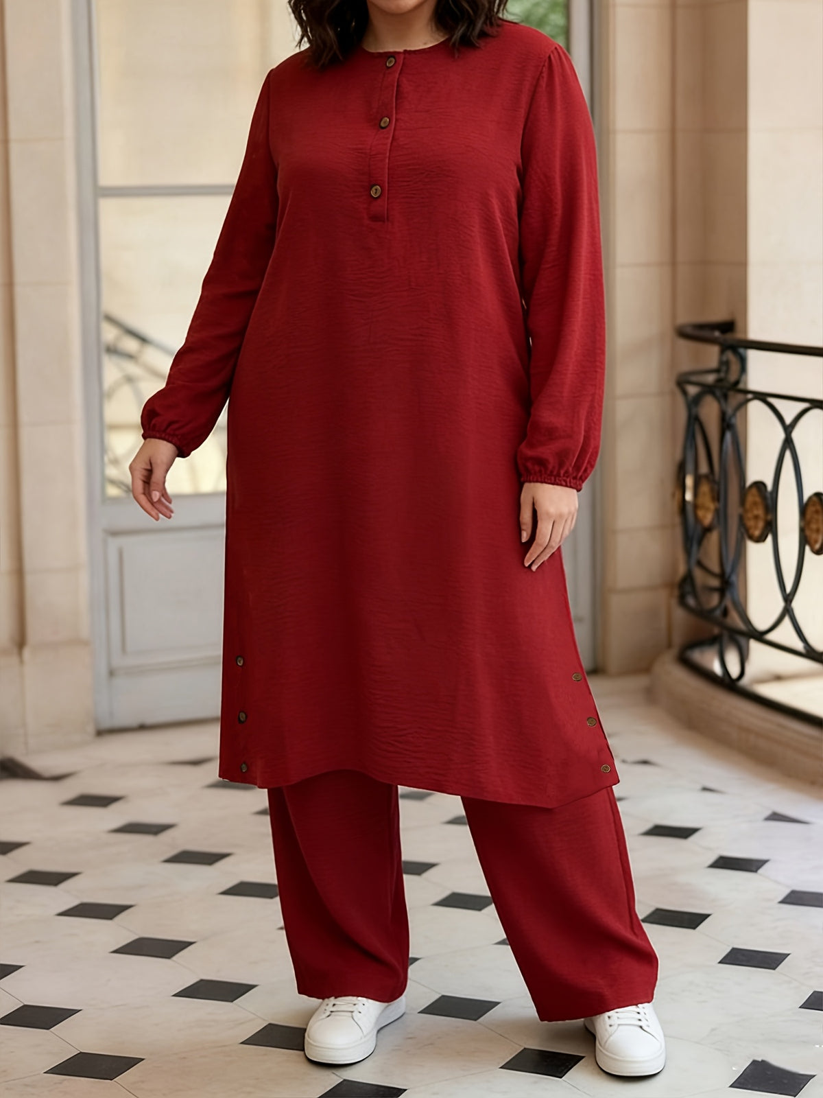 Eid Elegant Muslim 2pcs Jilbab/Abayas Set | Wooden Button Abaya with Wide-Leg PantsDaily Modest Wear - Burgundy