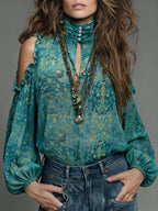 Bohemian Vintage Print Chiffon Top for Women, High Neck Keyhole Off-Shoulder Ruffle Lantern Sleeve Loose Fit Elegant Shirt - Peacock Blue