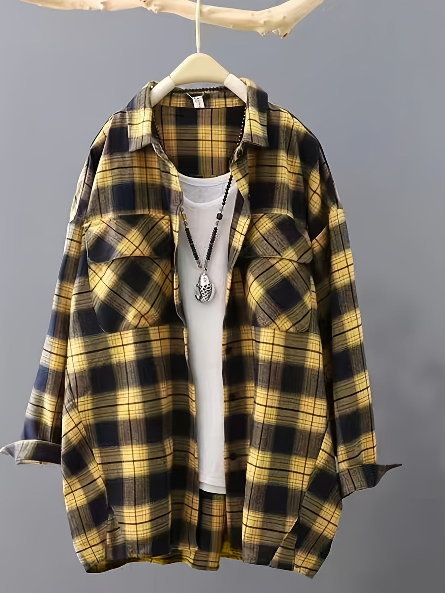 Women's Loose Black and White Plaid Shirt Long Sleeve Casual Commuter Pocket Top Wrinkle-Free Spring Autumn Outerwear - Yellow And Black
