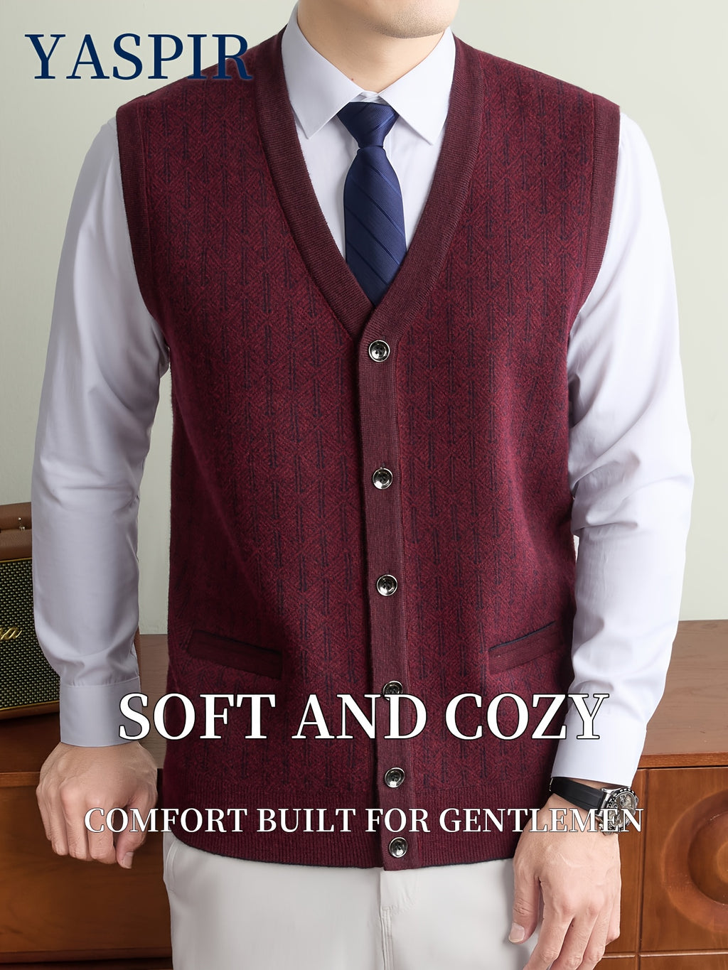 Men'S Fall Winter Knit Cardigan Vest with Pockets, Old Money Style, Soft Warm Cold-Resistant, Ideal for Daily Casual, Outdoor Activities & Casual Layering, Perfect Gift for Father And Husband - Burgundy