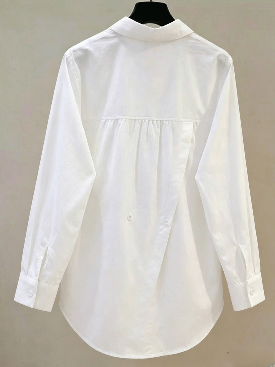 Elegant Women's Long-sleeve Shirt, Solid-color Fabric, Front Button Placket Design, with Slit, Suitable for Office and Daily Wear, Pink for Spring and Autumn - White