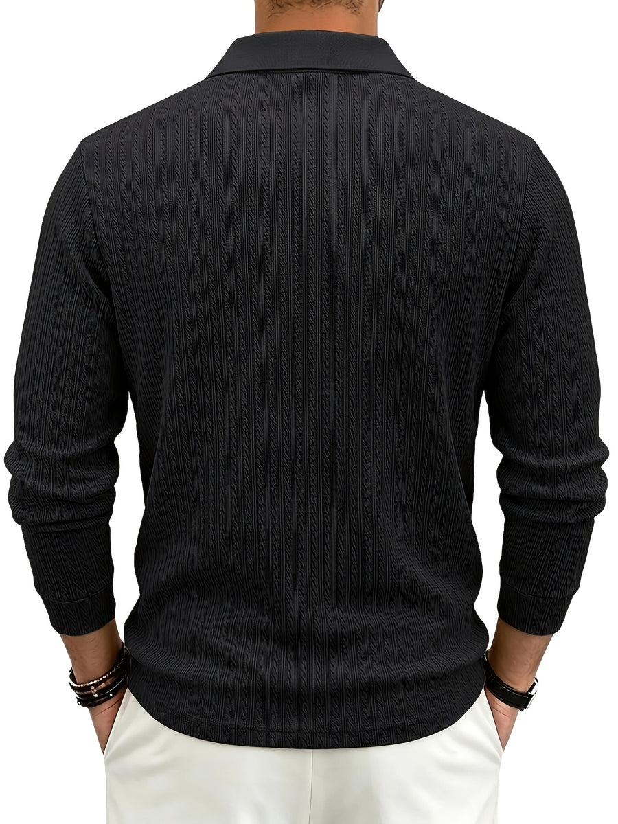 Spring/Autumn Men'S Long Sleeve Polo Shirt, High-Elastic Textured Vertical Rib Jacquard Collar T-Shirt, Business Casual Slim Fit Versatile Solid Color Pullover Top - Space Black