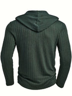 Men's Fashion Casual Textured Solid Color Long Sleeve Hooded Drawstring Button Henley Shirt for Autumn and Winter, New Season - Dark Green