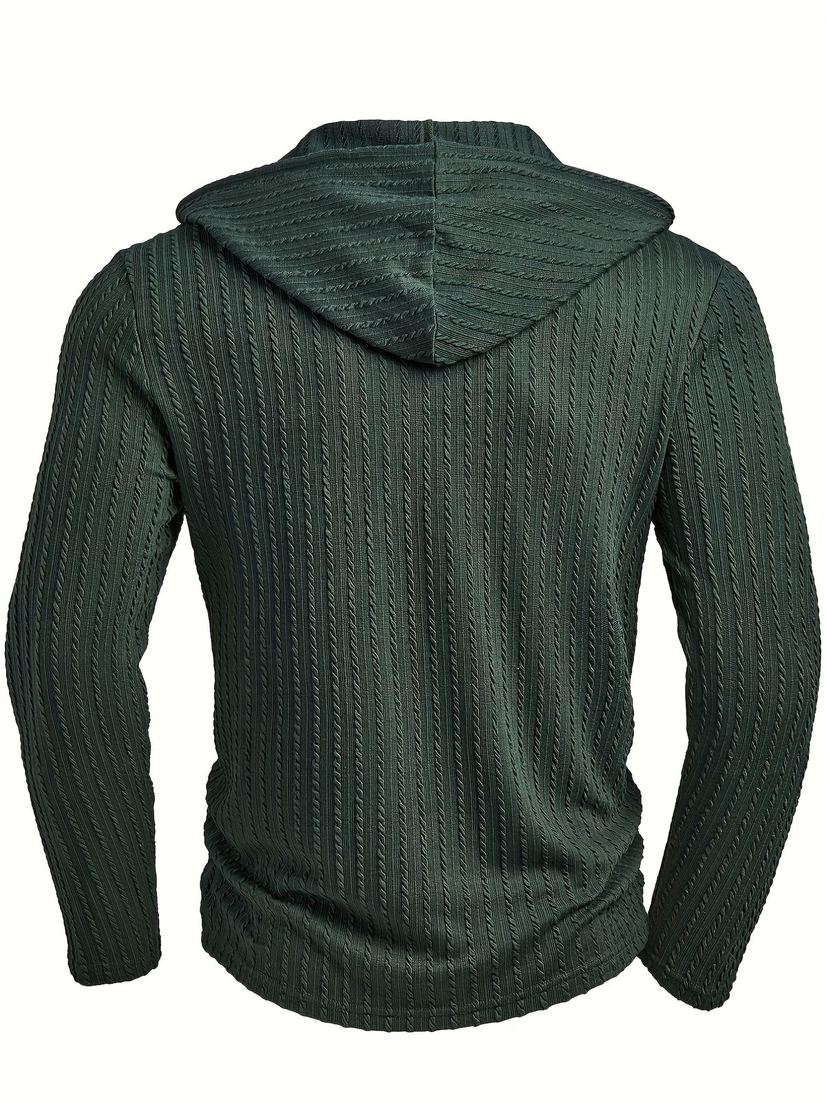 Men's Fashion Casual Textured Solid Color Long Sleeve Hooded Drawstring Button Henley Shirt for Autumn and Winter, New Season - Dark Green