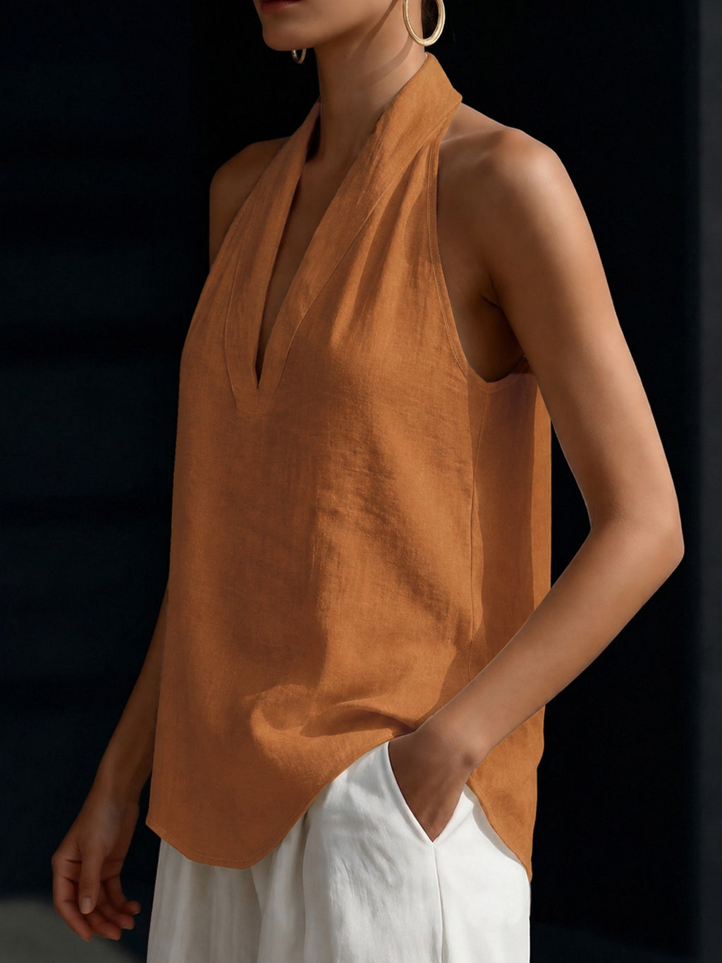 Women' French-Style Off-Shoulder Halter Neck T-Shirt - Solid Color Sleeveless Top, Machine Washable Suitable for Casual, Commuting, Banquets & Dates, Elegant Versatile for Year-Round Wear - Orange&Brown