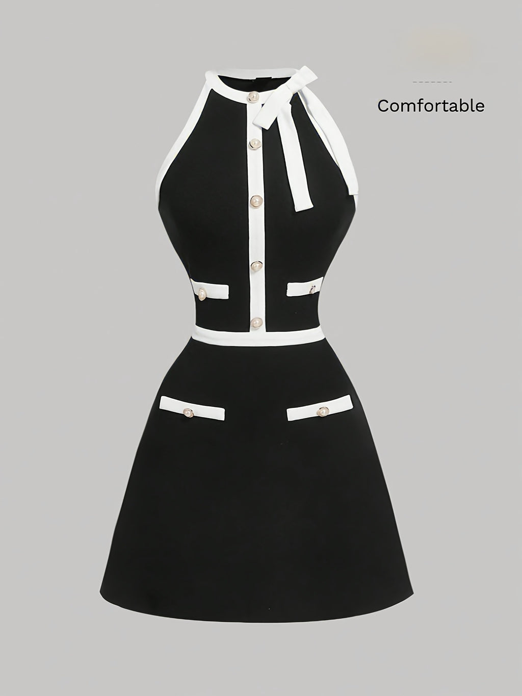 Women'S Elegant Exquisite Round Neck Sleeveless Bowknot Decoration Fake Button Dress Women'S Black And White Color Block A-Line Short-Length Dress Bridesmaid Dress Women'S - Black