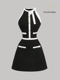 Women'S Elegant Exquisite Round Neck Sleeveless Bowknot Decoration Fake Button Dress Women'S Black And White Color Block A-Line Short-Length Dress Bridesmaid Dress Women'S - Black
