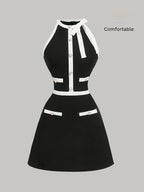 Women'S Elegant Exquisite Round Neck Sleeveless Bowknot Decoration Fake Button Dress Women'S Black And White Color Block A-Line Short-Length Dress Bridesmaid Dress Women'S - Black