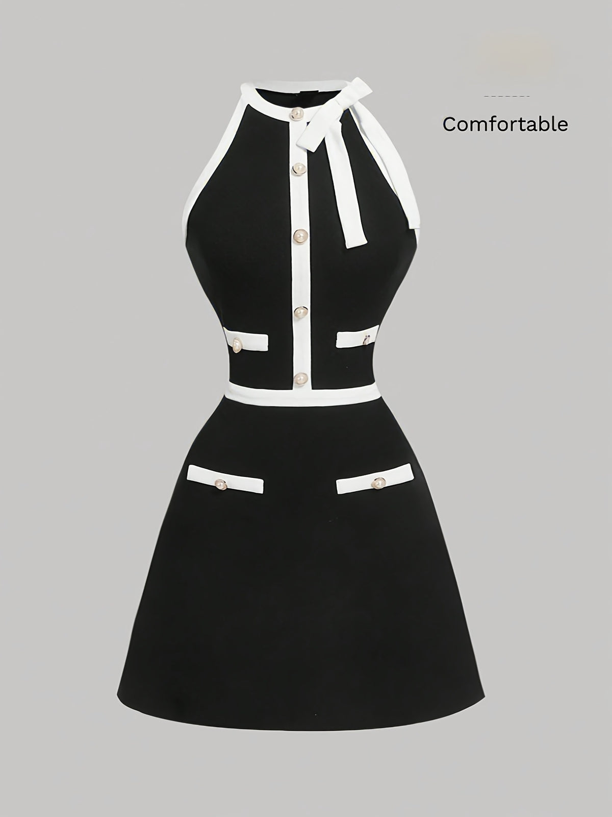 Women'S Elegant Exquisite Round Neck Sleeveless Bowknot Decoration Fake Button Dress Women'S Black And White Color Block A-Line Short-Length Dress Bridesmaid Dress Women'S - Black