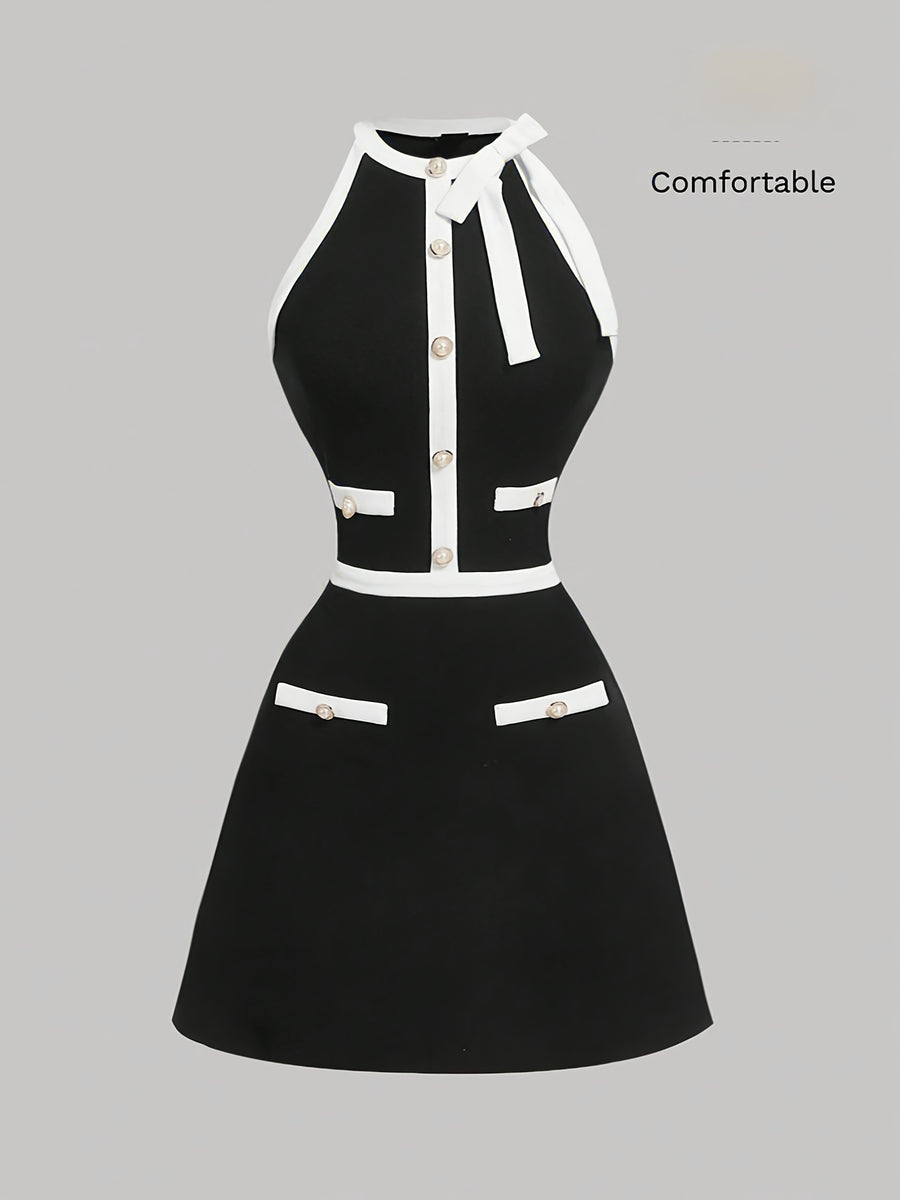 Women'S Elegant Exquisite Round Neck Sleeveless Bowknot Decoration Fake Button Dress Women'S Black And White Color Block A-Line Short-Length Dress Bridesmaid Dress Women'S - Black