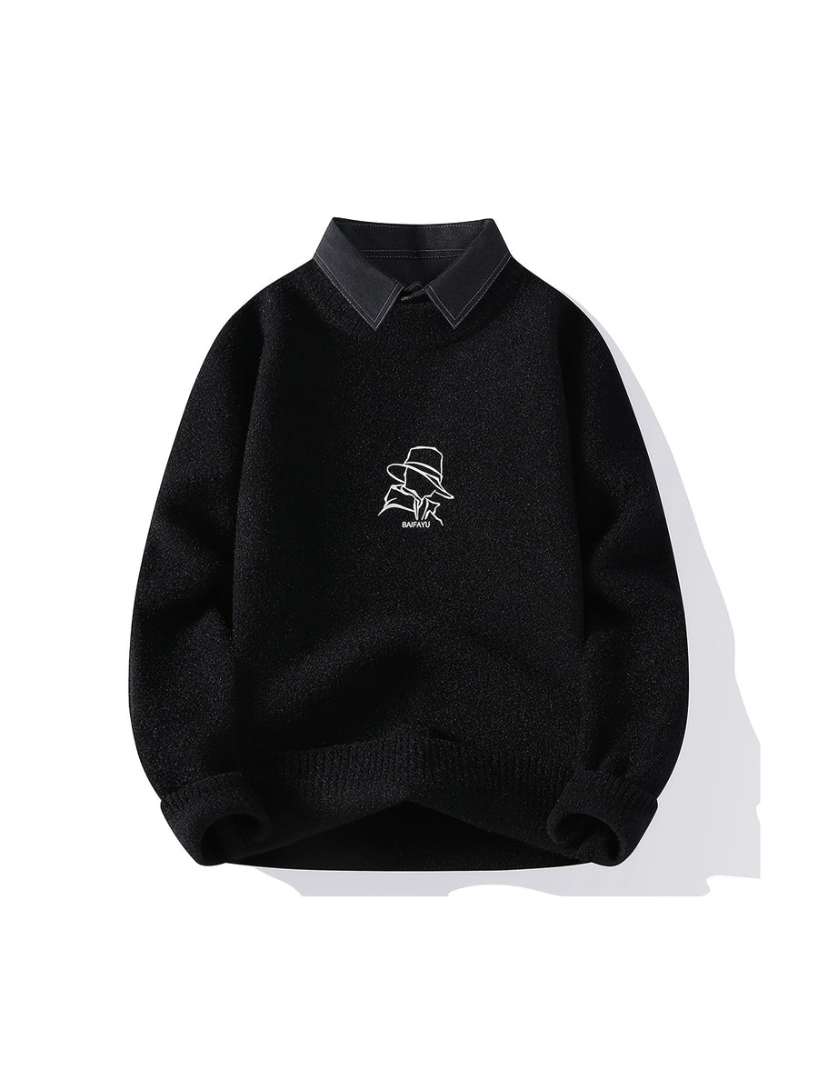 New Autumn And Winter Styles for Young Men'S Lapel Fake Two-Piece Knitted Sweater, Warm Sweater, Fashionable, Casual And Versatile - Black