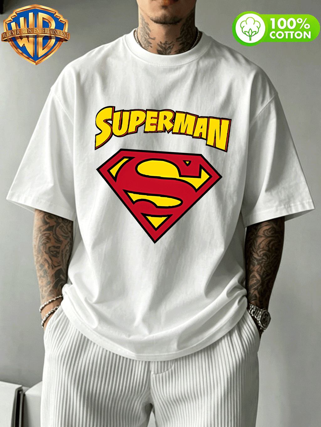Superman Crew Neck Casual Short Sleeve Top, Men'S 100% Casual Comfortable And Versatile Summer Short Sleeve T-Shirt, Suitable for Outdoor Wear, Gym, Office And Everyday Fashion - Men And Women Can Wear - White