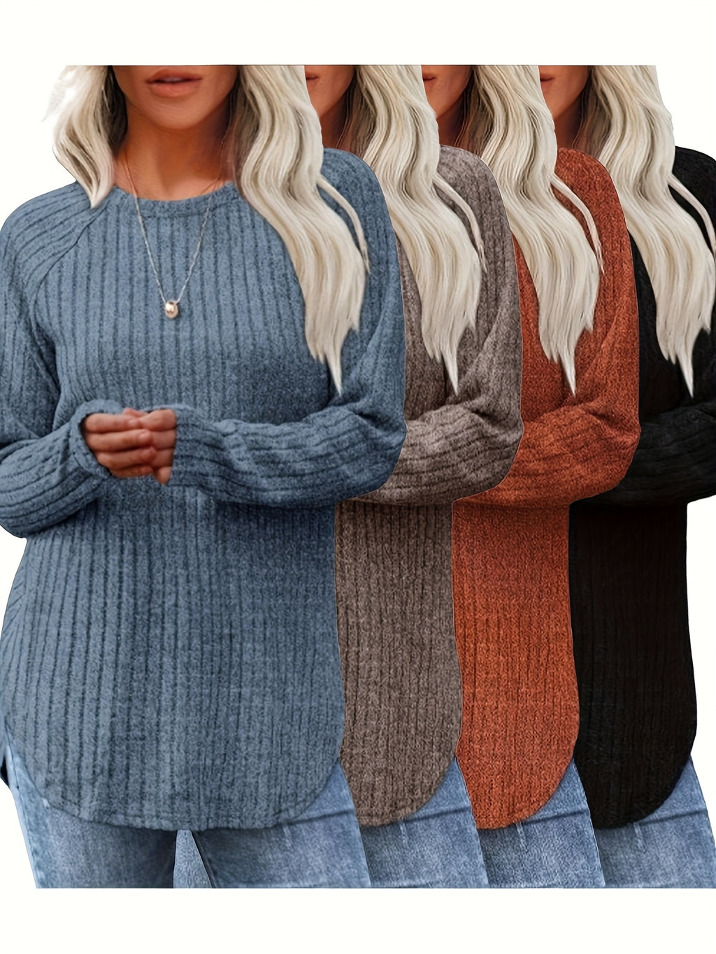 4pcs Set Women's Fashion Top, Autumn/winter Basic Style, Loose and Elegant Round Neck Long-sleeve Pullover - Mixed Color 2