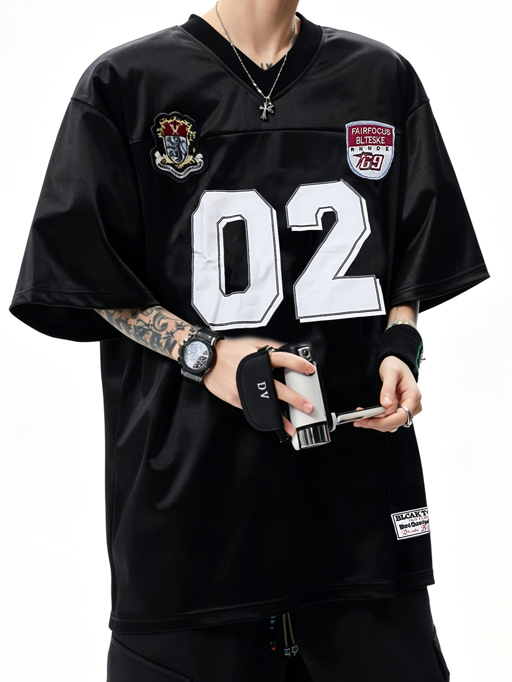Men'S Casual Sports T-Shirt American Retro V-Neck Digital Sports Style T-Shirt Summer Loose Casual Street Jersey in Stock - Black