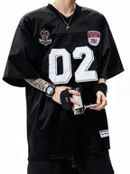 Men'S Casual Sports T-Shirt American Retro V-Neck Digital Sports Style T-Shirt Summer Loose Casual Street Jersey in Stock - Black