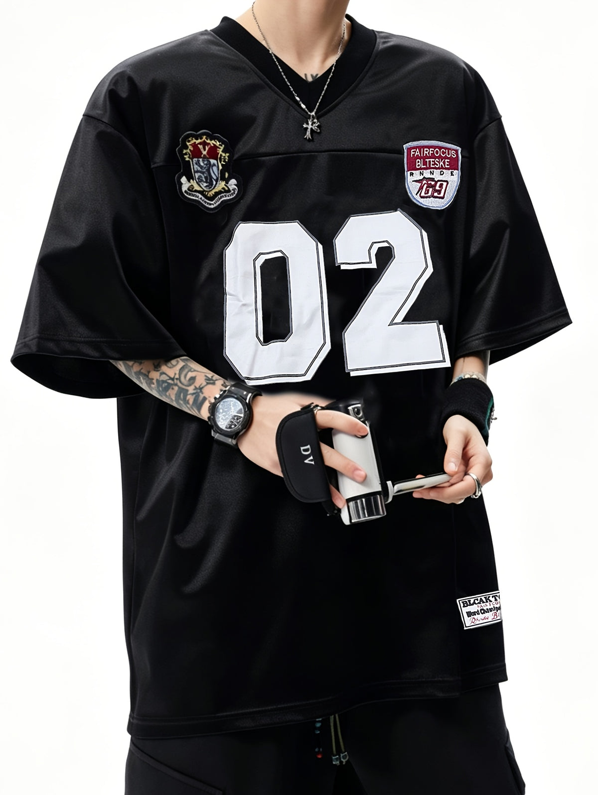 Men'S Casual Sports T-Shirt American Retro V-Neck Digital Sports Style T-Shirt Summer Loose Casual Street Jersey in Stock - Black