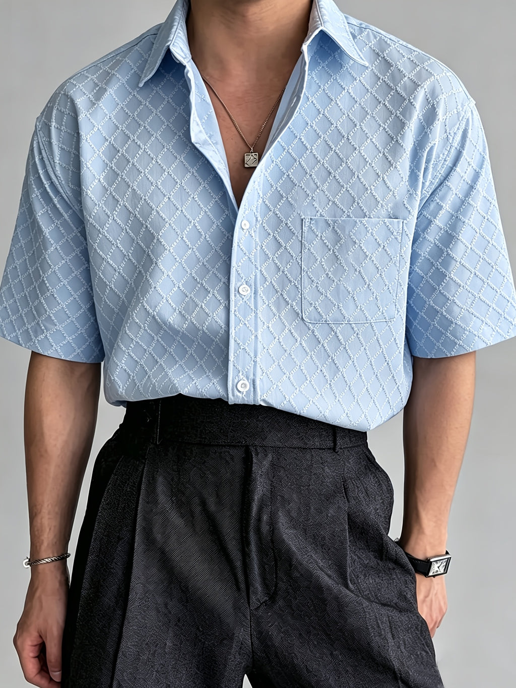 Men's Jacquard Textured Fabric Fashionable Casual Versatile Short-Sleeve Shirt Top - Light Blue