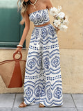 Women'S Vacation Plant Print Crop Top And Wide-Leg Pants Fashion 2Pcss Set, Bohemian Style Off-Shoulder Bandeau Top And High-Waist Wide-Leg Long Pants 2Pcss Outfit, Summer Holiday Wear ZLLZ - Blue+White