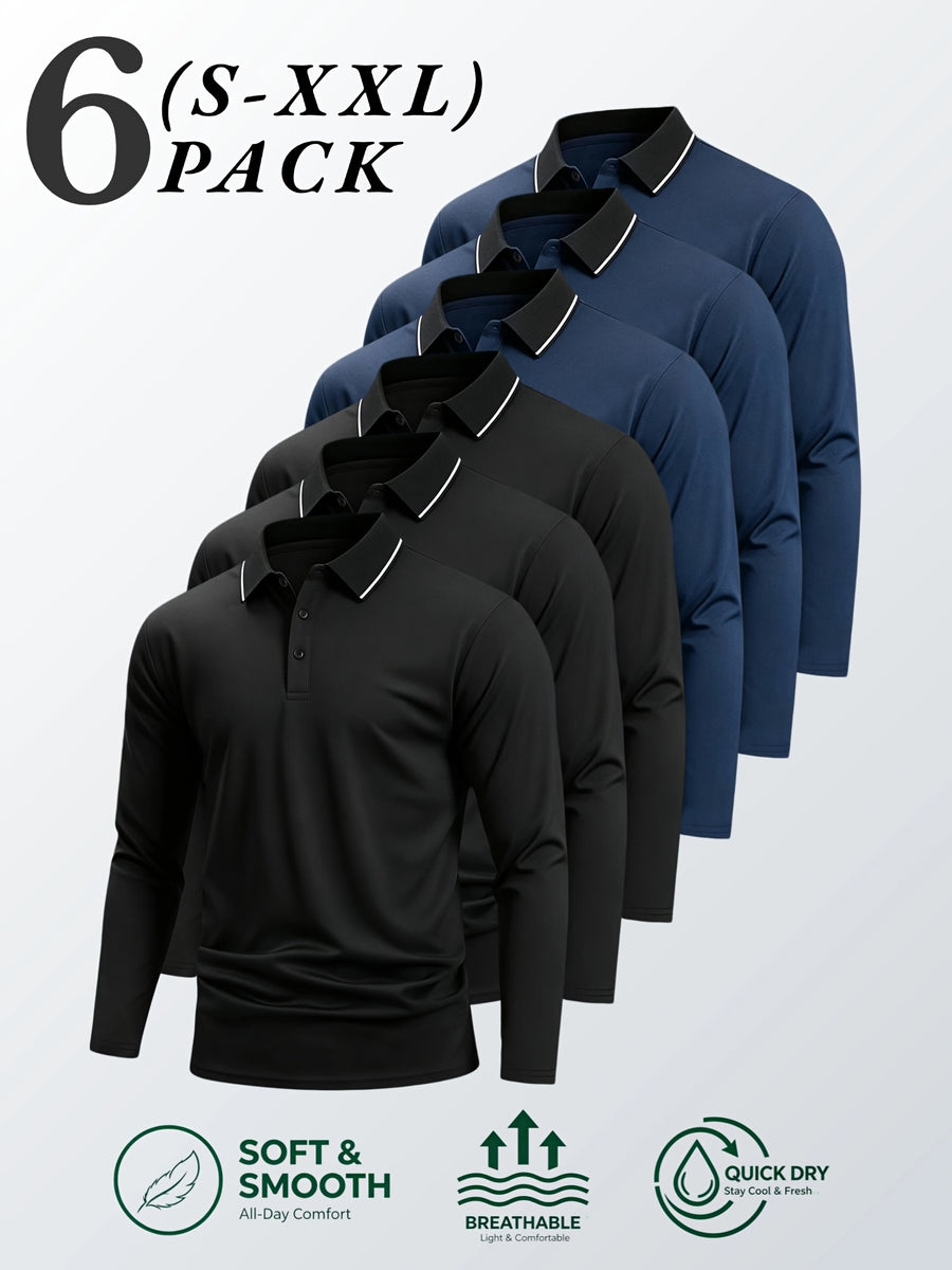 6pcs/Set Striped Lapel Long Sleeve Casual Sports Mesh Quick-Dry Breathable Comfortable POLO Shirt Basic Solid Color - Black 3 + Navy Blue 3
