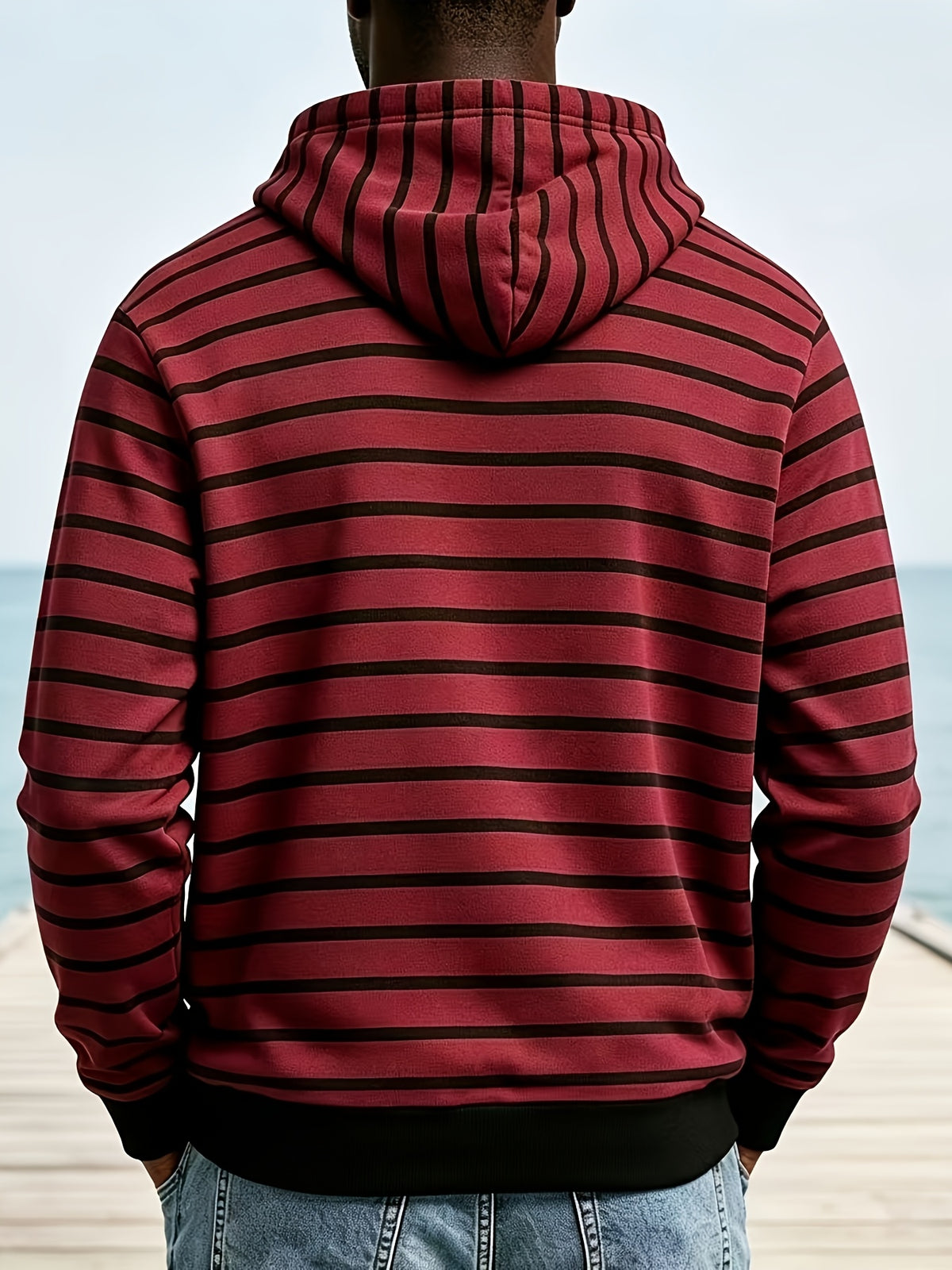 2026 New Men'S Striped Hooded Sweatshirt, Half-Button Drawstring Hoodie, Casual Long Sleeve Pullover Top - Red