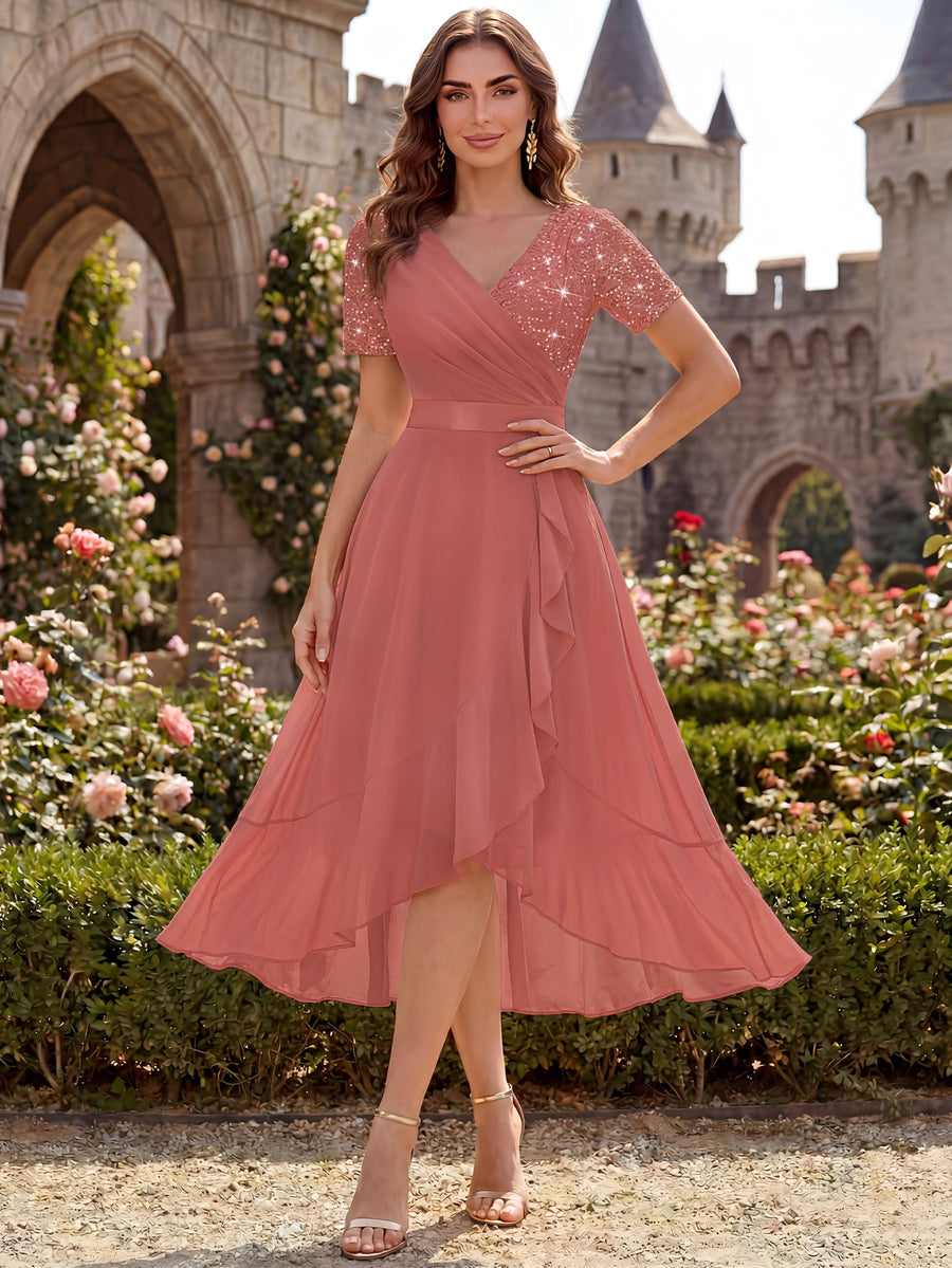 Women'S Elegant V-Neck Lace Chiffon Ruffled Trim Slit Wedding Party Long Dress - Cinnamon