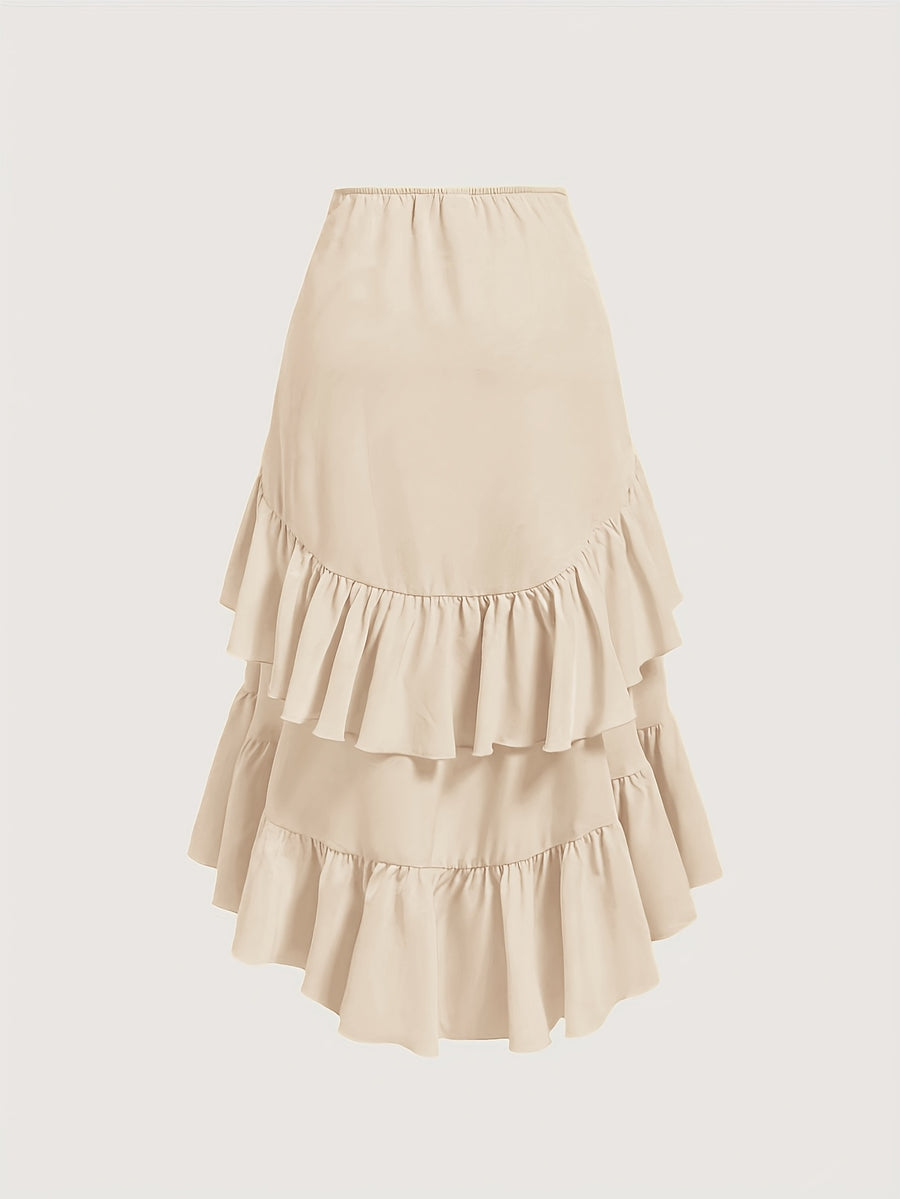 New Fashion Asymmetrical Pleated Hem Design Multi-layered Women's Skirt - Apricot-1