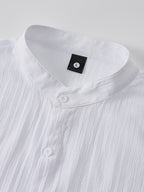 Men's Classic Solid Color Casual Long Sleeve Button- Shirt - Stand Collar Design, Machine Washable, Letter Print, All-Season Wear, Suitable for Outings, Beach & Casual Attire, Machine Washable, Solid Color Shirt, Casual Shirt - White