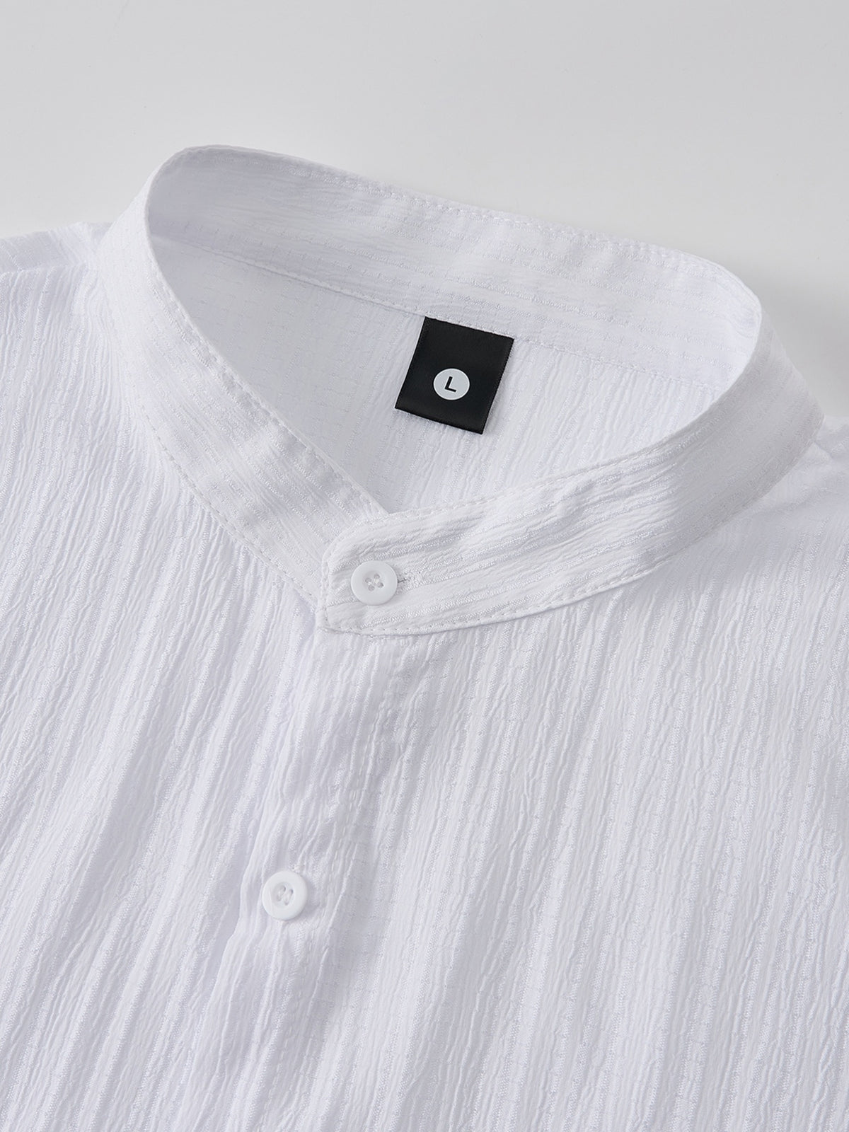 Men's Classic Solid Color Casual Long Sleeve Button- Shirt - Stand Collar Design, Machine Washable, Letter Print, All-Season Wear, Suitable for Outings, Beach & Casual Attire, Machine Washable, Solid Color Shirt, Casual Shirt - White