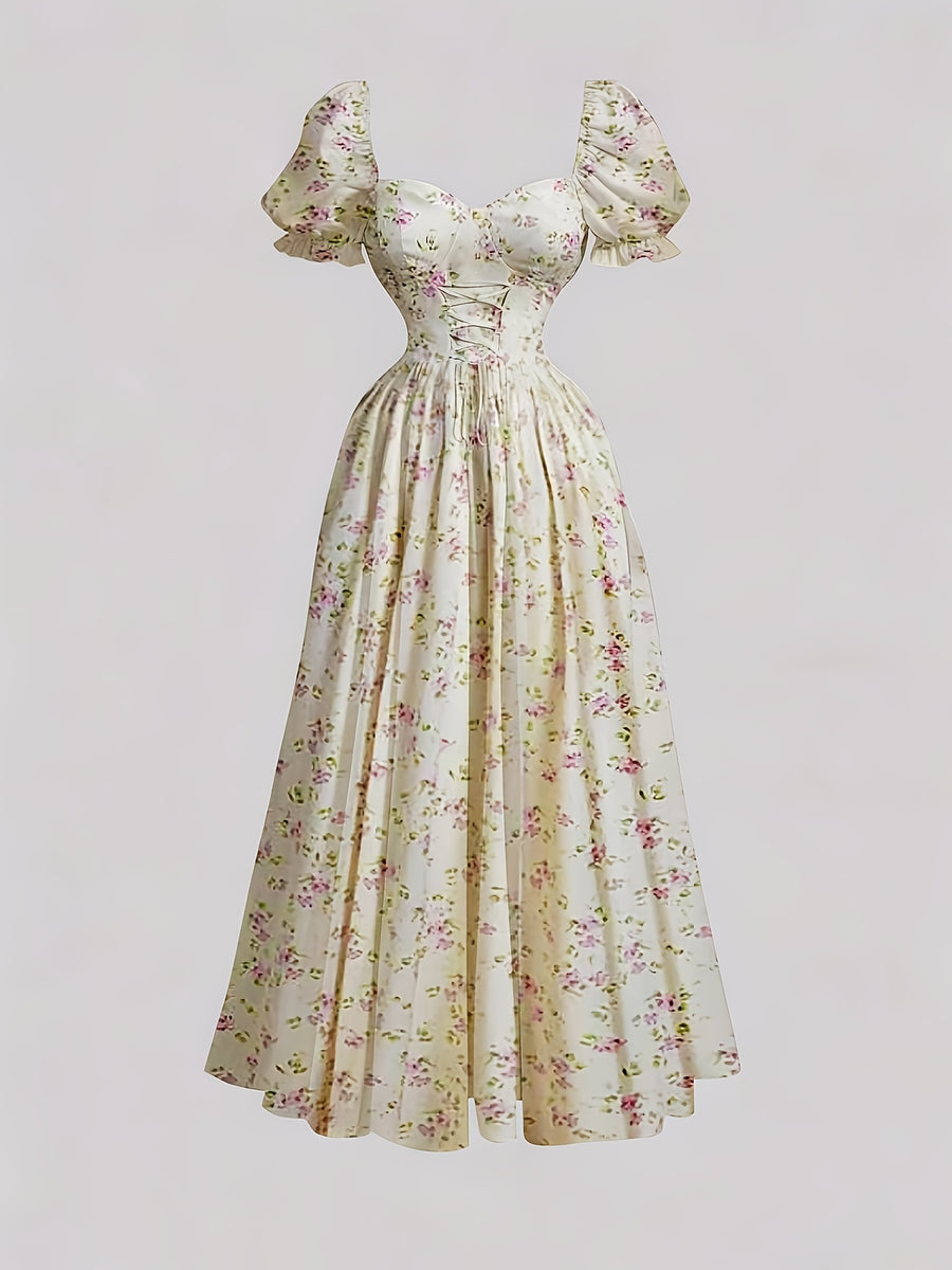 Ladies' New Spring And Summer Elegant Floral Print Long Dress, Bubble Sleeve Design, Front Waist Tie, Back Waist Shirred Waist, Elegant And Flowing, Romantic Long Dress, Suitable for Daily Wear, Party Gatherings, Vacation Holidays - 【Light Yellow】