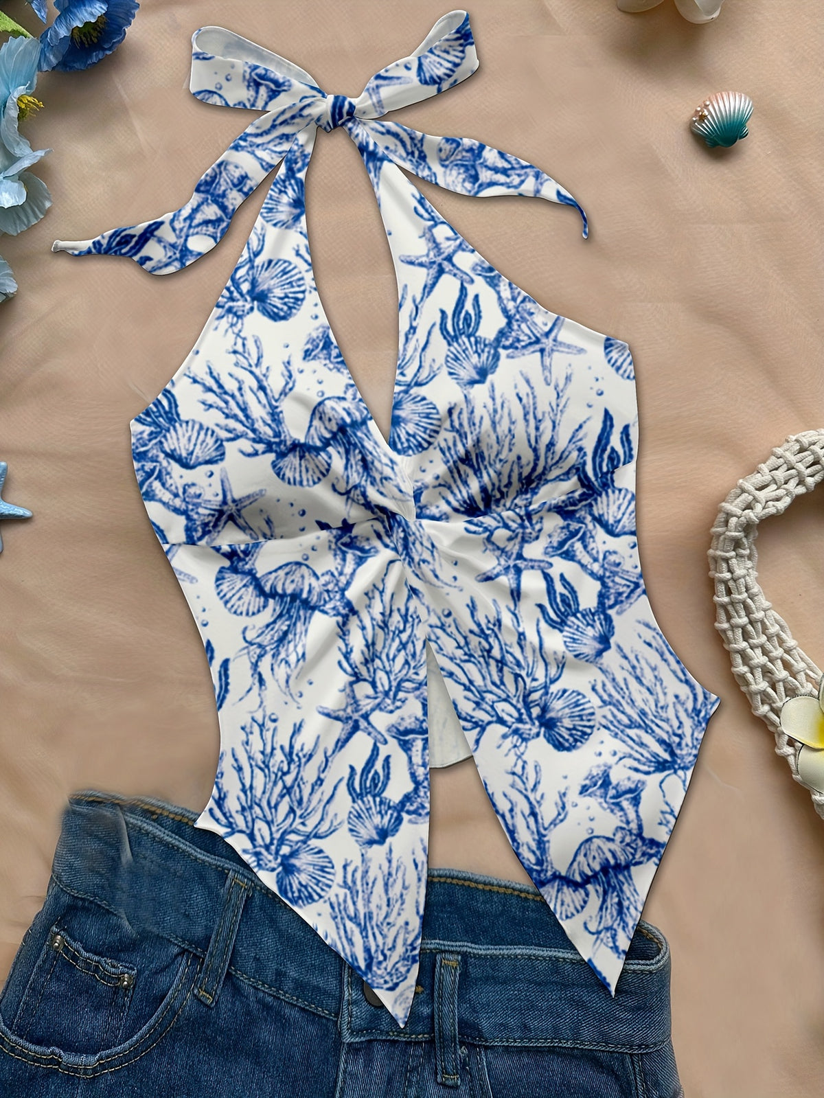 Women'S Spring/Summer Fall Boho Beach Vacation Outfits Marine Floral Leopard Print Trim Bustier Slim Fit Camisole Halter Top, Y2K Vintage Concert Outfit - Blue