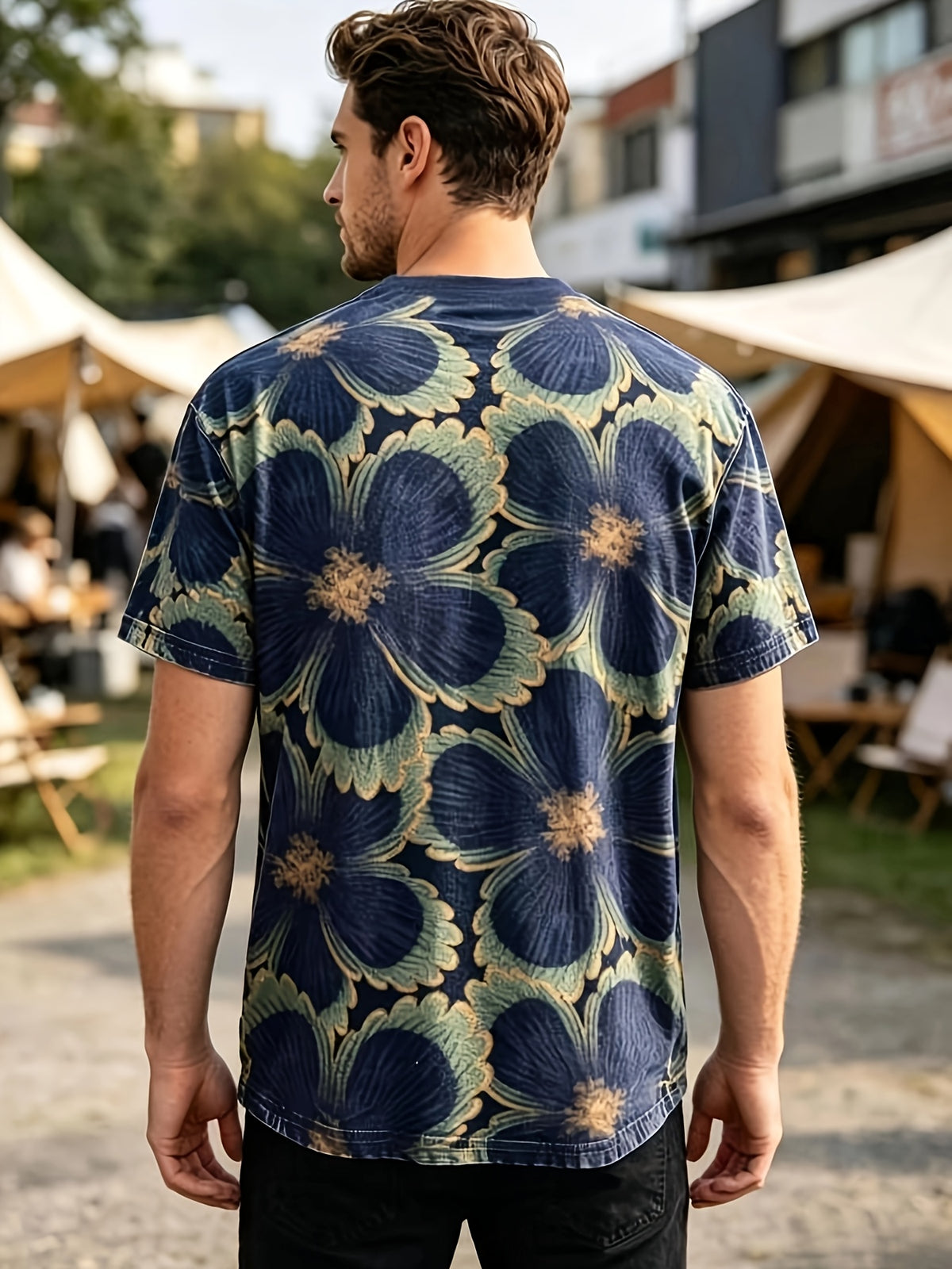 Trendy Color-Block Floral Men's T-Shirt, Summer Crew Neck Breathable Style,  Vintage Look, Casual Commuter Wear - Mixed colors