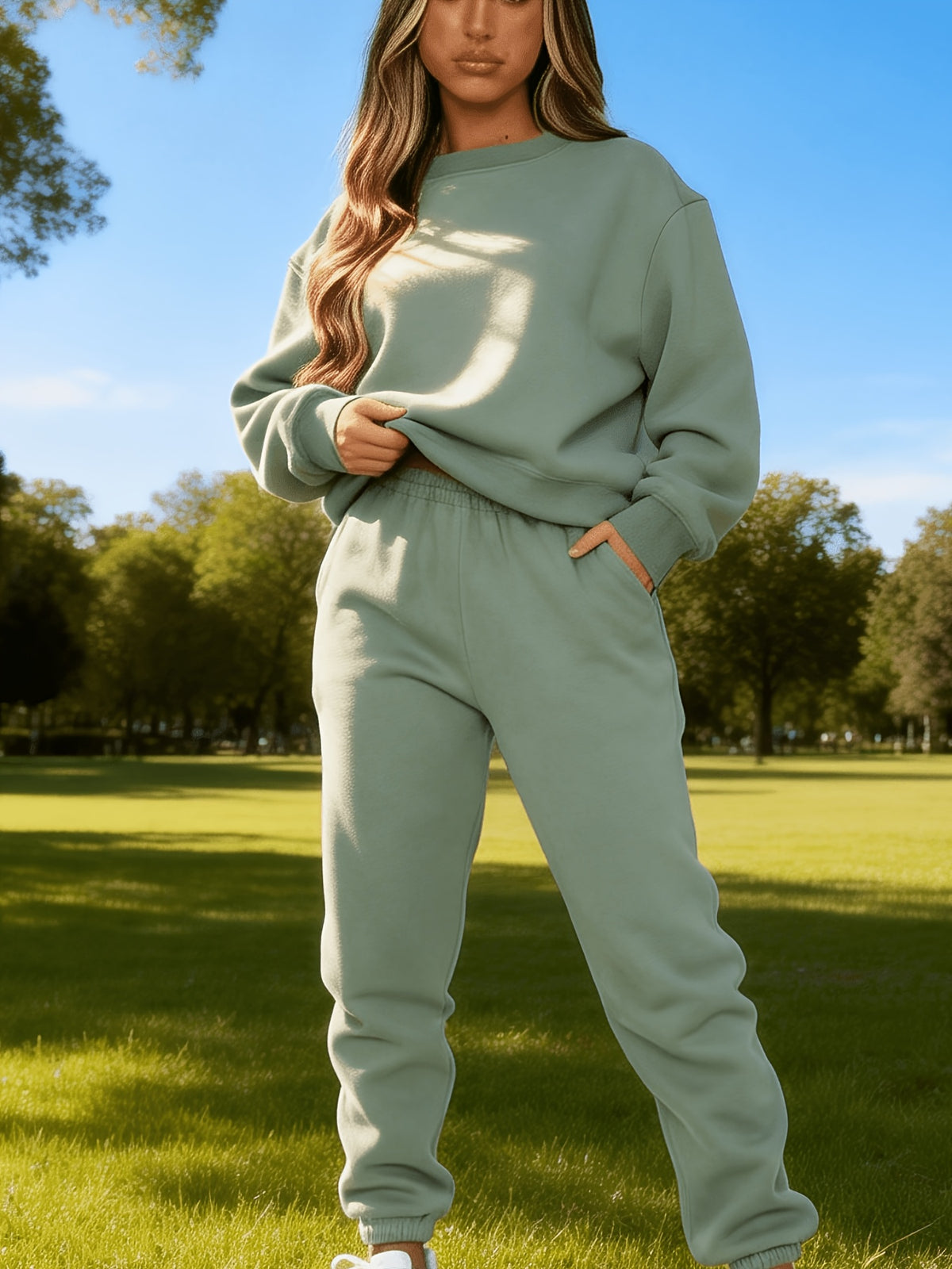 Targeted Western Fashion Casual Trendy Sweatshirt And Sweatpants Set - Dark Green