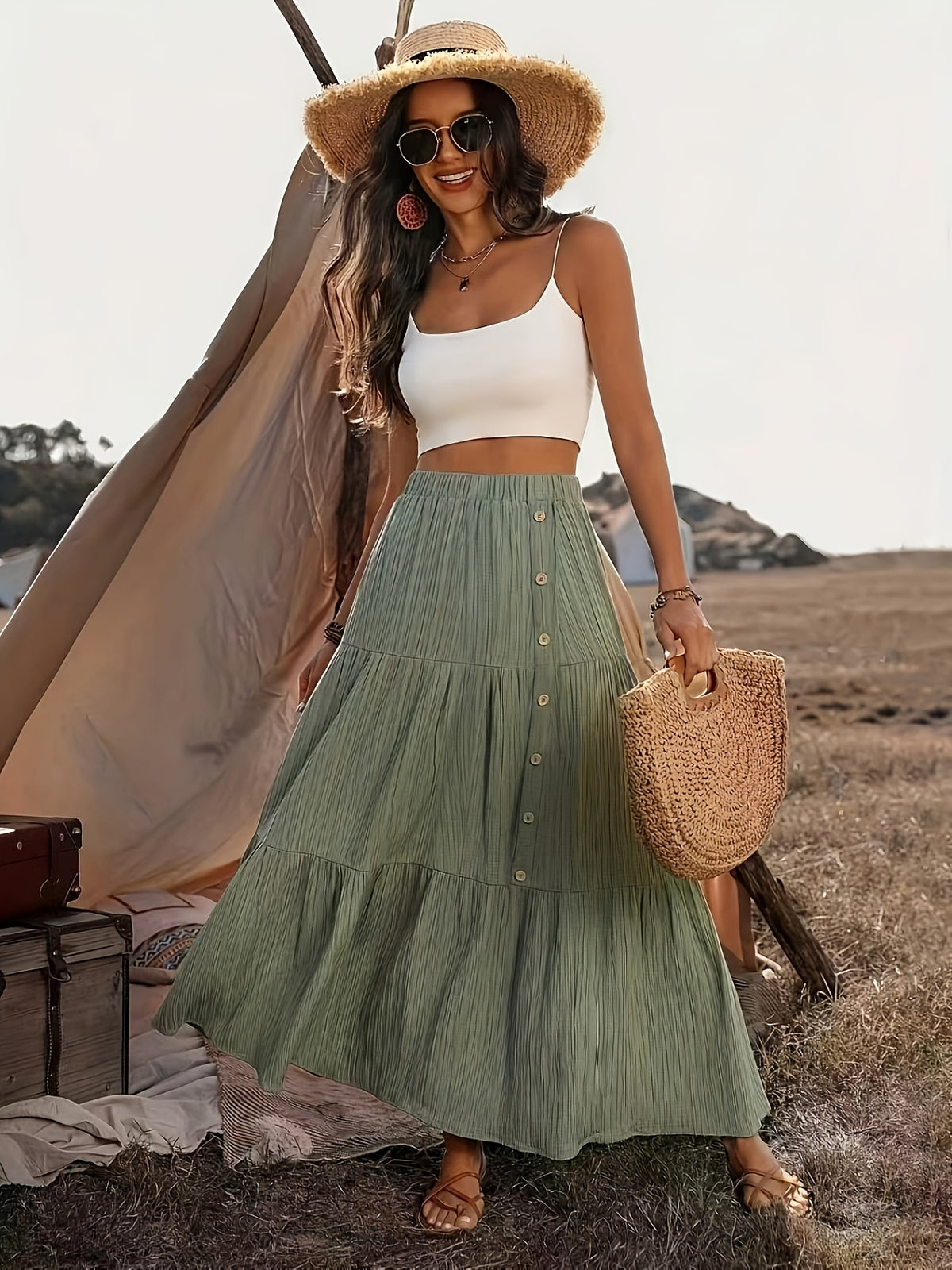 Textured Button Decor Elastic Waist Long Midi Skirt, Women'S Elegant Vacation Casual Skirt for Country Music Festival - Military Green